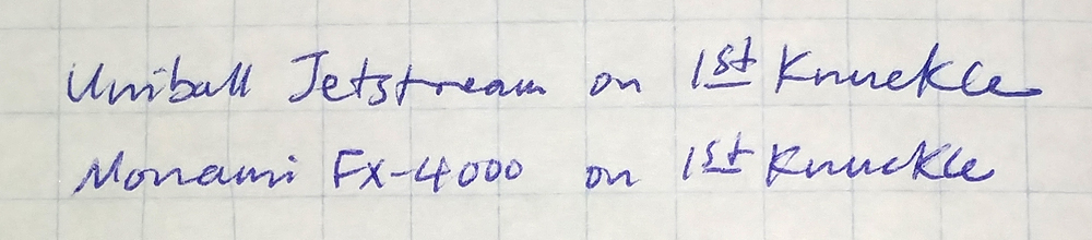 Jetstream 0.7 vs Monami FX-4000 test scribble on low-quality paper