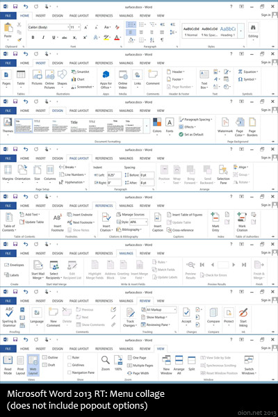 Word 2013 RT menus